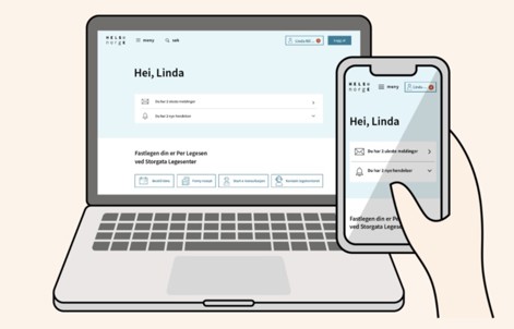 Bildet viser en tegning av konseptet Digi Hlesestasjon hvor vi ser en datamaskin og en hånd som bruker en telefon med løsningen.