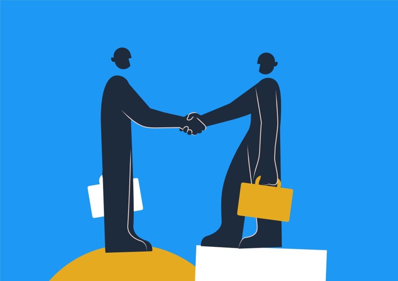 Bilder er en tegning av to personer med koffert som tar hverandre å hånden. 